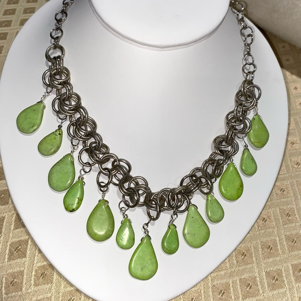 Boho Green Teardrop Stones Statement Elegant Necklace Silver Chunky Chain